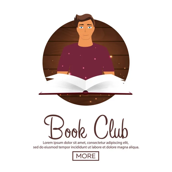 Club de lectura. Club de lectura. Libro abierto con luz mística brillante. Ilustración vectorial . — Vector de stock