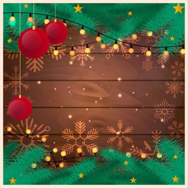 Mutlu Noeller ve mutlu yeni yıl. Kar taneleri ile ahşap arka plan. Vektör çizim.