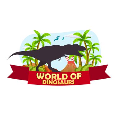 Poster Dinozorların dünyasına. Tarih öncesi dünya. T-rex. Jurassic dönem.