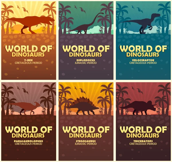 Colección de carteles Mundo de los dinosaurios. Mundo prehistórico. T-rex, Diplodocus, Velociraptor, Parasaurolophus, Stegosaurus, Triceratops. Período Cretácico. Período jurisdiccional . — Archivo Imágenes Vectoriales