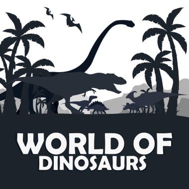 Dinozorların dünyasına ayarlayın. Tarih öncesi dünya. T-rex, Diplodocus, Velociraptor, Parasaurolophus, Stegosaurus, Triceratops. Kretase dönemi. Jurassic dönem.