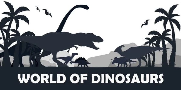 Ange världen av dinosaurier. Förhistoriska världen. T-rex, Diplodocus, Velociraptor, Parasaurolophus, Stegosaurus, Triceratops. Kritaperioden. Juraperioden. — Stock vektor