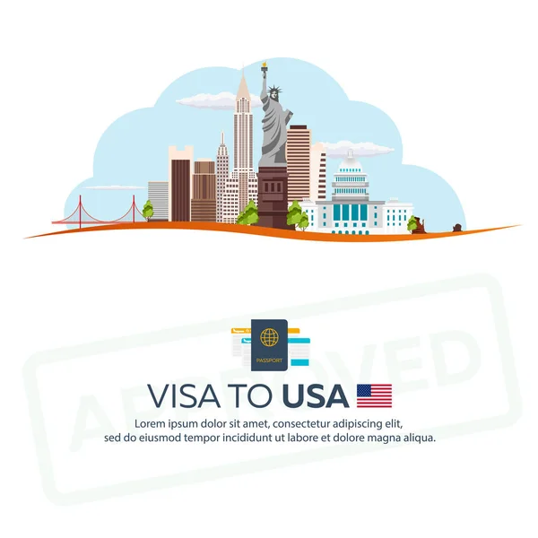 Visa a Estados Unidos. Viajar a Estados Unidos. Documento para viajar. Ilustración plana del vector . — Vector de stock