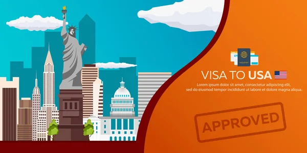Visum naar de VS. Reizen naar de VS. Document voor reizen. Platte vectorillustratie. — Stockvector