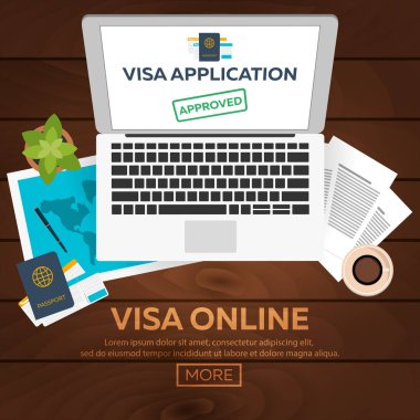 Online vize. Vize başvuru. Belge seyahat için. Vektör düz çizim.