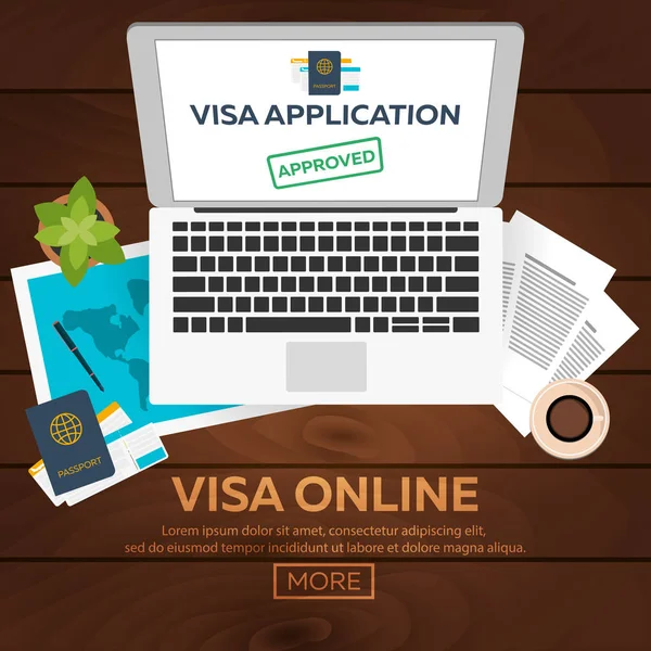 Visa en línea. Solicitud de visa. Documento para viajar. Ilustración plana del vector . — Vector de stock