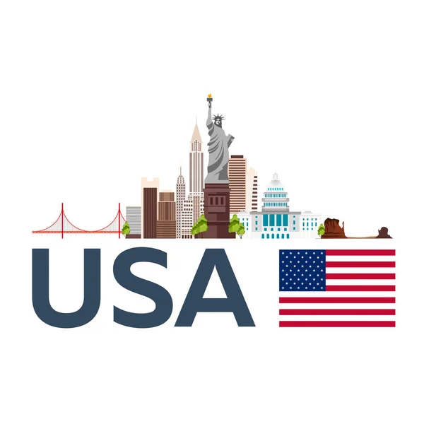 Voyage aux États-Unis, New York skyline. Statue de la Liberté. Illustration vectorielle . — Image vectorielle