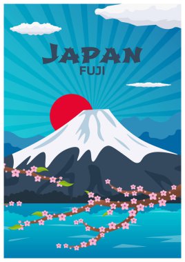Japonya seyahat poster. Dağ. Sakura Japonya kiraz Şubesi çiçeklenme ile vektör çizim çiçek. Afiş. Vektör çizim.