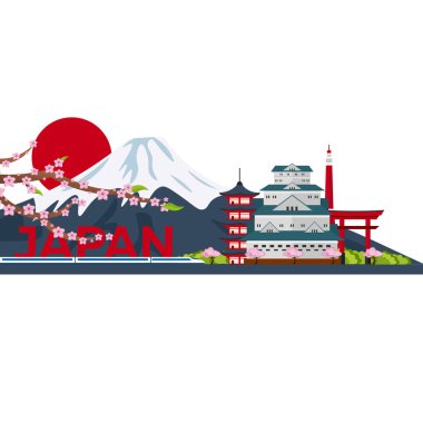 Japonya seyahat poster. Dağ. Sakura Japonya kiraz Şubesi çiçeklenme ile vektör çizim çiçek. Afiş. Vektör çizim.