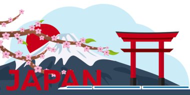 Japonya seyahat poster. Dağ. Sakura Japonya kiraz Şubesi çiçeklenme ile vektör çizim çiçek. Afiş. Vektör çizim.