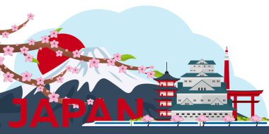 Japonya seyahat poster. Dağ. Sakura Japonya kiraz Şubesi çiçeklenme ile vektör çizim çiçek. Afiş. Vektör çizim.