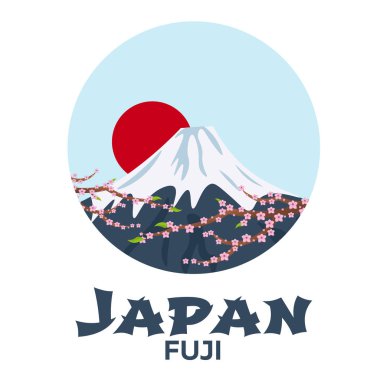 Japonya seyahat poster. Dağ. Sakura Japonya kiraz Şubesi çiçeklenme ile vektör çizim çiçek. Afiş. Vektör çizim.