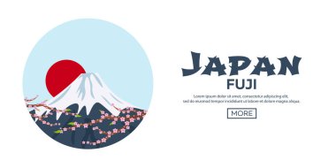 Japonya seyahat poster. Dağ. Sakura Japonya kiraz Şubesi çiçeklenme ile vektör çizim çiçek. Afiş. Vektör çizim.