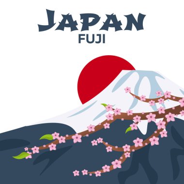 Japonya seyahat poster. Dağ. Sakura Japonya kiraz Şubesi çiçeklenme ile vektör çizim çiçek. Afiş. Vektör çizim.