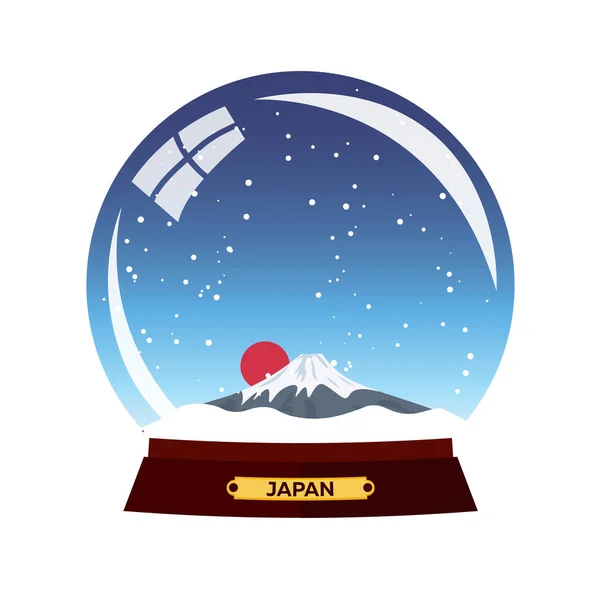 Ciudad globo de nieve. Japón. Montaña en Snow Globe. Ilustración del vector de viaje de invierno . — Vector de stock