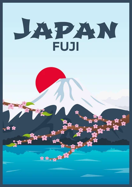 Poster Travel ke Jepang. Gunung. Sakura Jepang cabang ceri dengan mekar bunga vektor ilustrasi. Banner. Ilustrasi vektor . - Stok Vektor