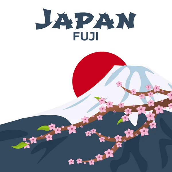 Poster Travel ke Jepang. Gunung. Sakura Jepang cabang ceri dengan mekar bunga vektor ilustrasi. Banner. Ilustrasi vektor . - Stok Vektor