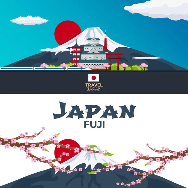 Poster reizen naar Japan. Berg. Sakura japan cherry tak met bloeiende bloemen vectorillustratie. Banner. Vectorillustratie. — Stockvector