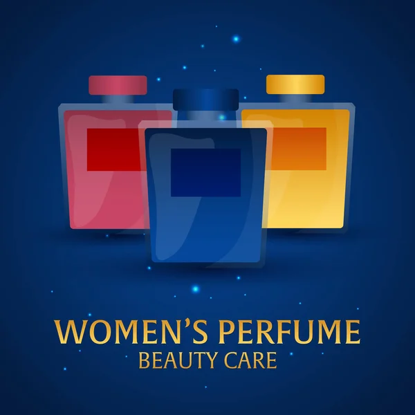 Banner Women 's Perfume. Cuidado de belleza. Botella clásica de perfume. Aromaterapia de fragancia de lujo líquido. Ilustración vectorial . — Vector de stock