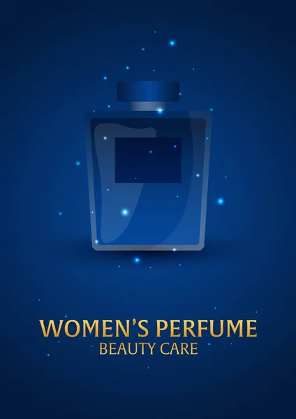 Cartel Perfume Femenino. Cuidado de belleza. Botella clásica de perfume. Aromaterapia de fragancia de lujo líquido. Ilustración vectorial . — Vector de stock