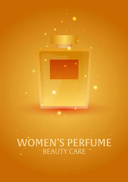 Cartel Perfume Femenino. Cuidado de belleza. Botella clásica de perfume. Aromaterapia de fragancia de lujo líquido. Ilustración vectorial . — Vector de stock