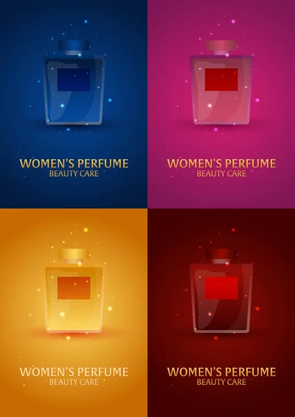 Set Posters vrouwen parfum. Schoonheidsverzorging. Classic fles parfum. Vloeibare luxe geur aromatherapie. Vectorillustratie. — Stockvector