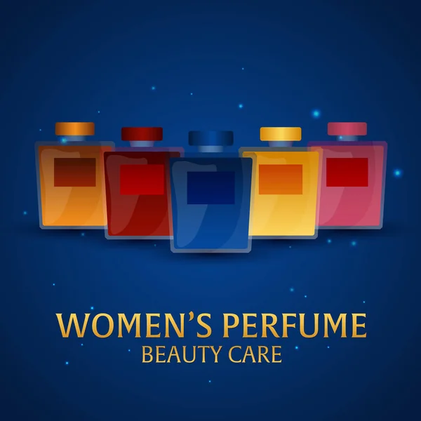 Banner Women 's Perfume. Cuidado de belleza. Botella clásica de perfume. Aromaterapia de fragancia de lujo líquido. Ilustración vectorial . — Vector de stock