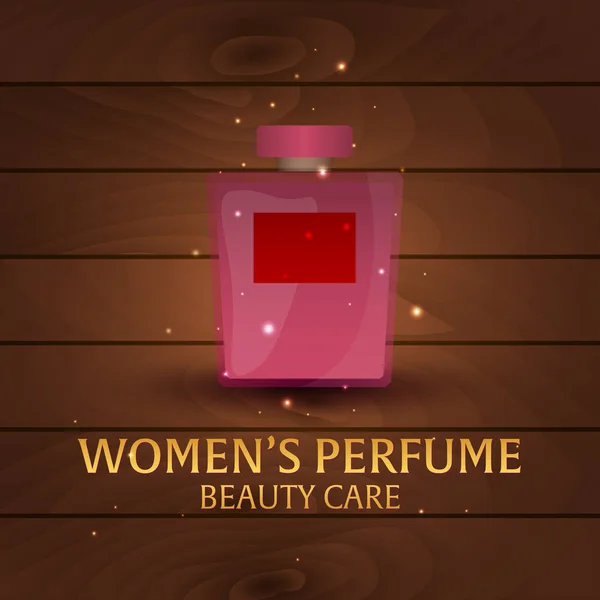 Banner je parfémy ženy. Dřevěné pozadí. Péče o krásu. Klasická láhev parfému. Kapalné luxusní vůně aromaterapie. Vektorové ilustrace. — Stockový vektor