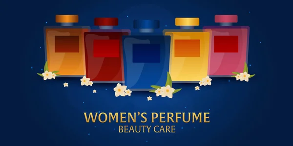 Banner vrouwen parfum. Schoonheidsverzorging. Classic fles parfum. Vloeibare luxe geur aromatherapie. Vectorillustratie. — Stockvector