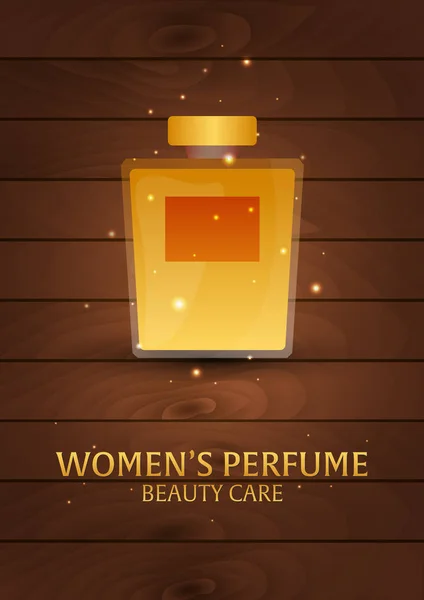 Cartel Perfume Femenino. Fondo de madera. Cuidado de belleza. Botella clásica de perfume. Aromaterapia de fragancia de lujo líquido. Ilustración vectorial . — Vector de stock