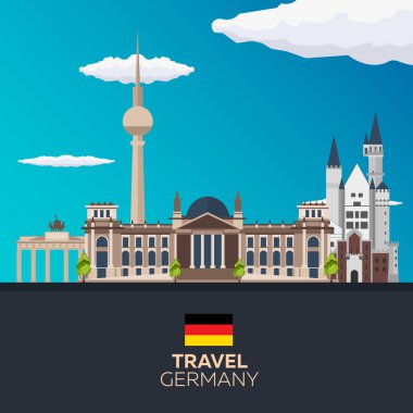 Almanya, Berlin Poster manzarası vizesi. Reichstag, Brandenburg Kapısı. Vektör çizim.