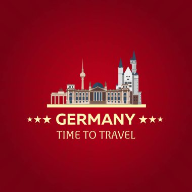 Almanya, Berlin Poster manzarası vizesi. Reichstag, Brandenburg Kapısı. Vektör çizim.