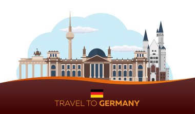 Almanya, Berlin Poster manzarası vizesi. Reichstag, Brandenburg Kapısı. Vektör çizim.
