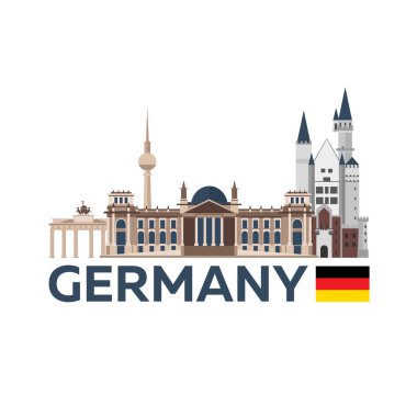 Almanya, Berlin Poster manzarası vizesi. Reichstag, Brandenburg Kapısı. Vektör çizim.
