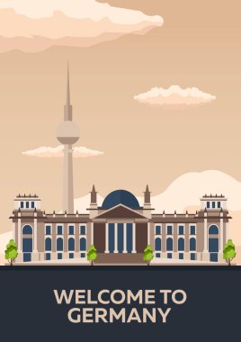 Almanya, Berlin Poster manzarası vizesi. Reichstag. Vektör çizim.