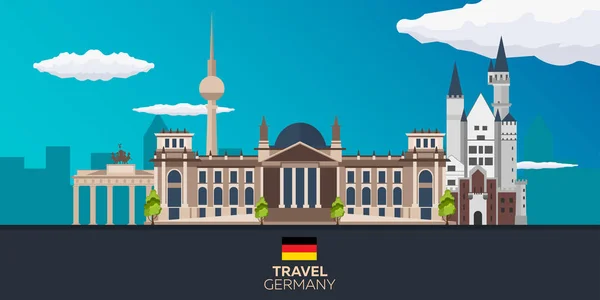 Ταξιδεψει στη Γερμανια, Βερολίνο αφίσας στον ορίζοντα. Ράιχσταγκ, η πύλη του Βρανδεμβούργου. Εικονογράφηση διάνυσμα. — Διανυσματικό Αρχείο