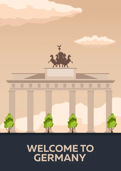 Podróż do Niemiec, panoramę Berlina plakat. Brama Brandenburska. Ilustracja wektorowa. — Wektor stockowy