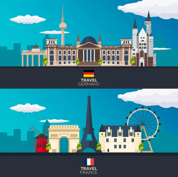 Németország, Franciaország, Európa poszter skyline utazni. Vektoros illusztráció. — Stock Vector