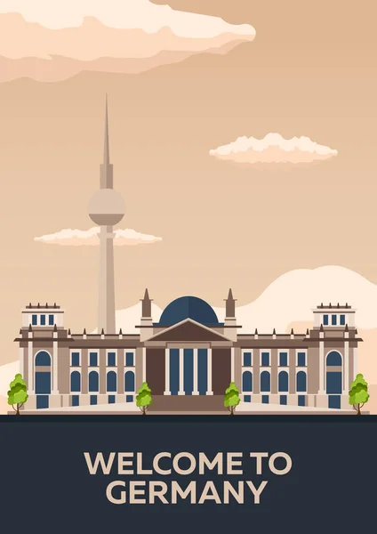 Reizen naar Duitsland, de skyline van de Berlijn-Poster. Rijksdag. Vectorillustratie. — Stockvector