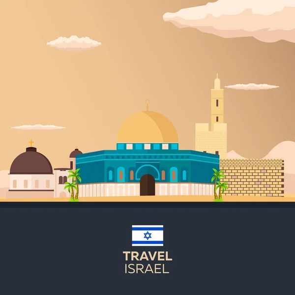 Reis naar Israël, Jeruzalem Poster skyline. Wailing wall. Vectorillustratie. — Stockvector