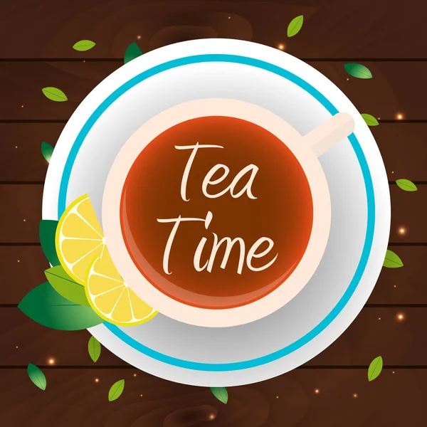 Hora do chá. Xícara de chá com limão. Fundo de madeira. Ilustração vetorial . — Vetor de Stock