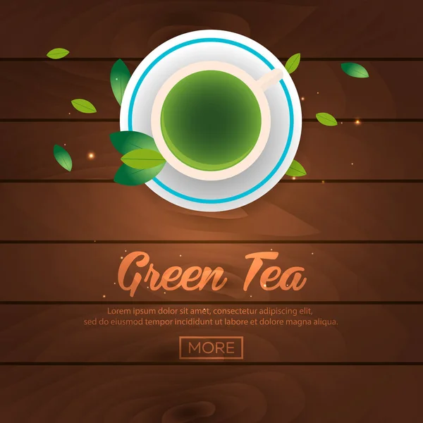 Theetijd. Kopje thee. Groene thee. Houten achtergrond. Vectorillustratie. — Stockvector