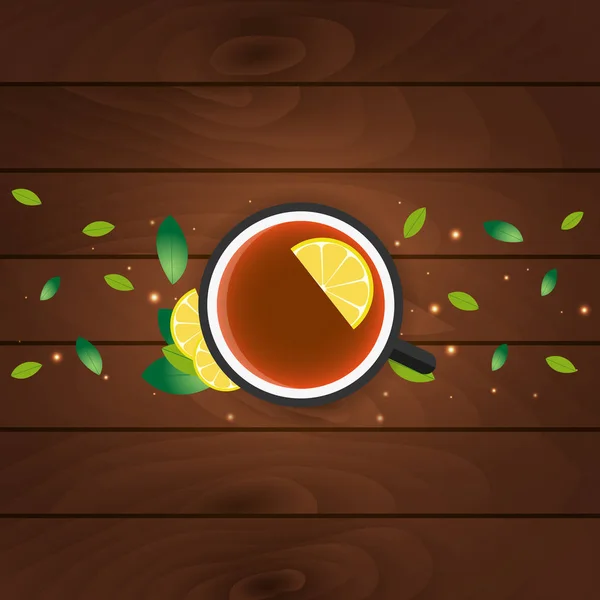 Hora del té. Una taza de té con limón. Fondo de madera. Ilustración vectorial . — Vector de stock