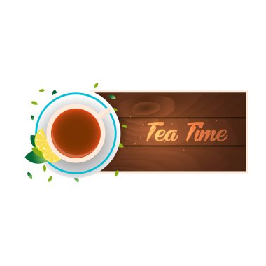 Çay saati. Limonlu çay fincan. Ahşap arka plan. Vektör çizim.