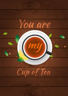 Çay poster. Limonlu çay fincan. Ahşap arka plan. Vektör çizim.