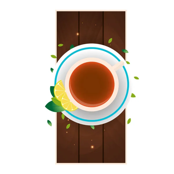 Teezeit. Tasse Tee mit Zitrone vorhanden. Holzuntergrund. Vektorillustration. — Stockvektor