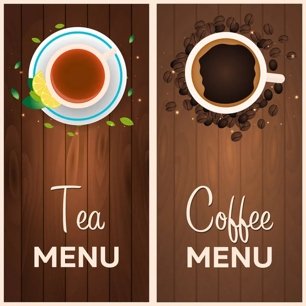 Thee en koffie menu. Houten achtergrond. Vectorillustratie. — Stockvector