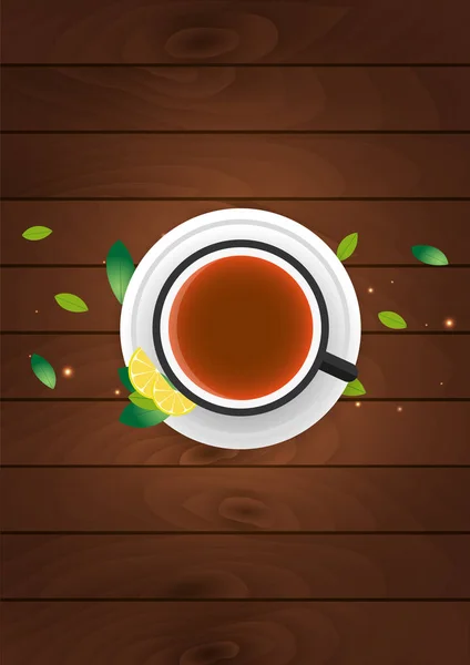 Cartel de té. Una taza de té con limón. Fondo de madera. Ilustración vectorial . — Vector de stock