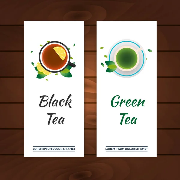 お茶の時間。レモンと紅茶のカップ。木製の背景。ベクトル図. — ストックベクタ