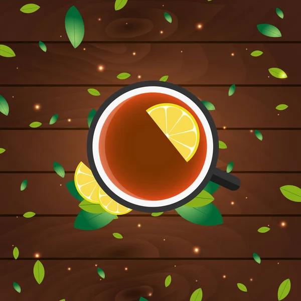 Tea time. Cup of tea with lemon. Wooden background. Vector illustration. — Stock Vector